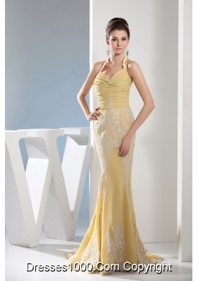 Appliques Mermaid Halter Gold Brush Train Prom Dress