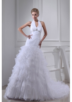 Beading Ruffles A-line Halter Court Train Wedding Dress