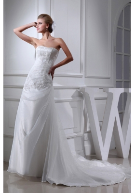 Cheap Appliques Strapless A-line Chapel Train Wedding Dress