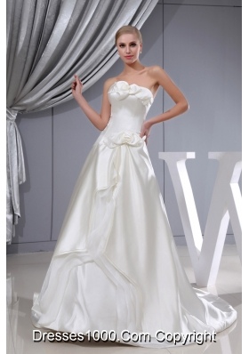 Hand Made Flowers A-line Chapel Train Strapless Wedding Dress