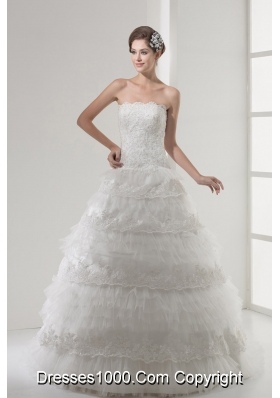 Lace Strapless A-line / Princess Wedding Dress With Brush Train