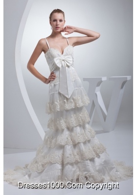 Spaghetti Straps Bow A-line Ruffled Layers Wedding Dress