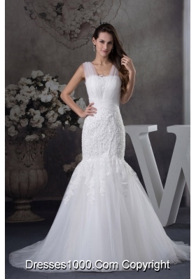 V-neck Mermaid Lace Brush Train Wedding Dress
