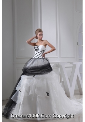 White and Black Appliques Ball Gown Strapless Chapel Train Wedding Dress