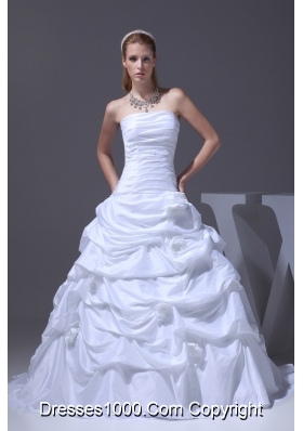 A-line Hand Made Flowers Pick-ups Strapless Wedding Dress