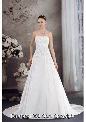 A-line Strapless Hand Made Flower Appliques Court Train Wedding Dress