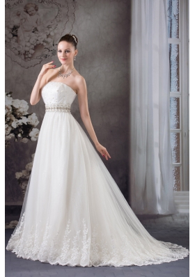 A-line Strapless Lace Beading Tulle Wedding Dress