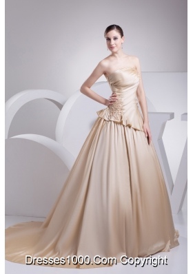 Appliques A-Line Strapless Chapel Train Wedding Dress with Champagne
