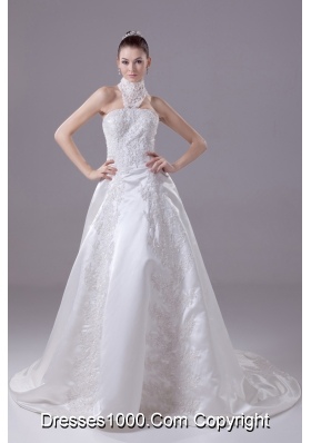 Appliques High Neck Taffeta Wedding Dress with Court Train
