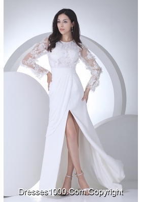 Empire Long Sleeves Scoop Appliques High Slit Wedding Dress