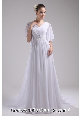 Empire V-neck Ruching Half Sleeves Cheap Wedding Dress