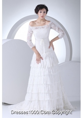 Lace Column Off The Shoulder Court Train Wedding Dress