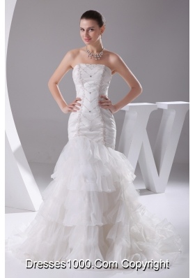 Mermaid Beading Ruffled Layers Brush Train Wedding Dress