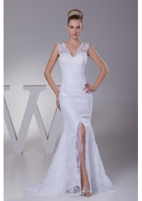 Mermaid V-neck High Slit Brush Train Wedding Dress