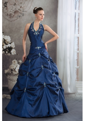 Navy Blue Halter Top Beading Appliques A-line Quinceanera Dress