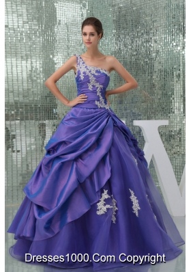 One Shoulder Appliques Purple Long A-line Quinceanera Dress