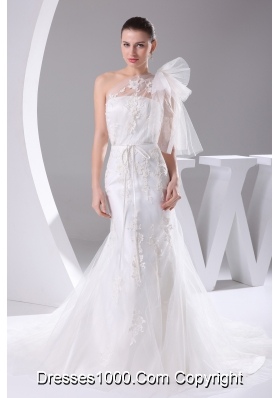 One Shoulder Mermaid Sash Brush Train Wedding Dress