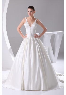 Romantic A-Line Straps Court Train Satin Beading Wedding Dress