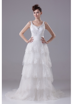 Ruffled Layers Lace Brush Train Column Scoop Wedding Dress