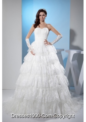 Ruffled Layers Sweetheart A-line Court Train Wedding Dress with Lace