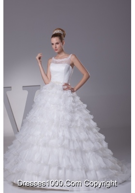 Ruffles and Appliques A-Line Court Train Scoop Wedding Dress