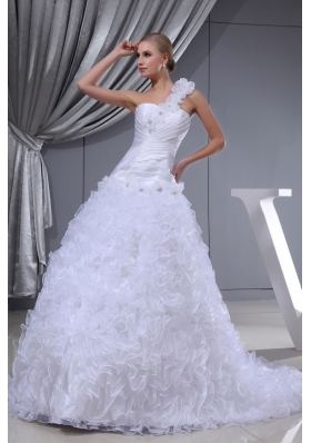 Ruffles Hand Made Flowers A-line One Shoulder Beading Wedding Dress