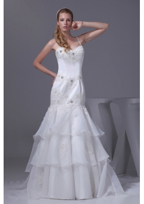 Spaghetti Straps Appliques Brush Train Wedding Dress