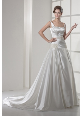 Square Neck Princess Appliques Court Train Wedding Dress