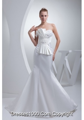 Strapless Satin Mermaid Ruching Appliques Wedding Dress