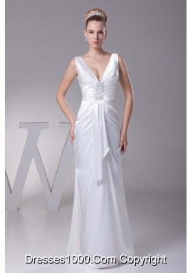V-neck Beading Long Wedding Dress With Column