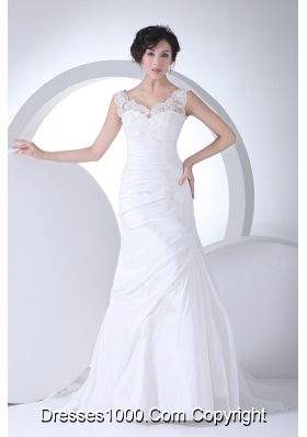 V-neck Column Appliques Ruching Brush Train Wedding Dress