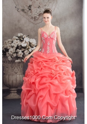Watermelon Spaghetti Straps Appliques Pick-ups Long Quinceanera Dress