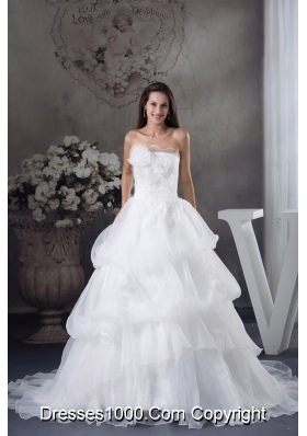 White A-line Hand Made Flowers Court Train Wedding Dress