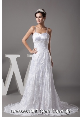 A-line Spaghetti Straps Lace Court Train Wedding Dress