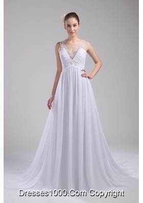 A-line V-neck Ruching Beading Wedding Dress