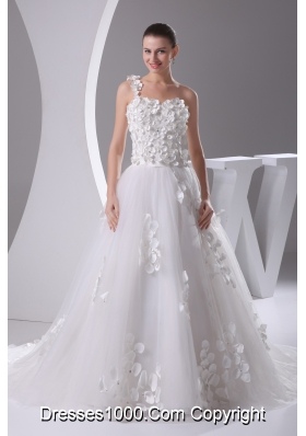 Appliques and Lace A-Line One Shoulder Court Train Wedding Dress