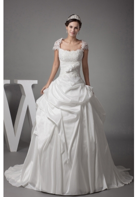 Appliques Ball Gown Cap Sleeves Square Neck Wedding Dress