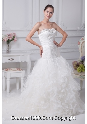 Appliques Court Train Mermaid Strapless Wedding Dress