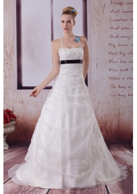 Appliques Halter Brush Train A-Line Wedding Dress in White