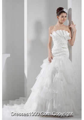 Appliques Pleats Strapless A-line Court Train Ruffled Layers Wedding Dress