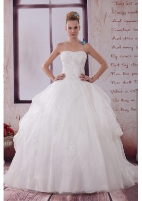 Appliques Strapless Brush Train Ball Gown Wedding Dress