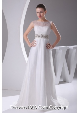 Bateau A-line Beading Brush Train Wedding Dress