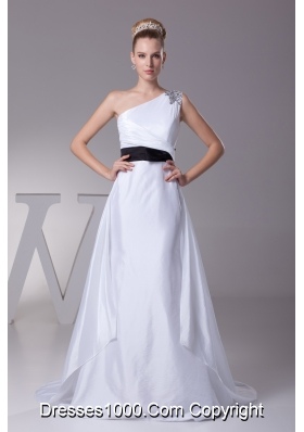 Beading A-Line Brush Train One Shoulder Wedding Dress