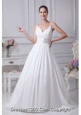 Beading Brush Train A-Line Straps Wedding Dress