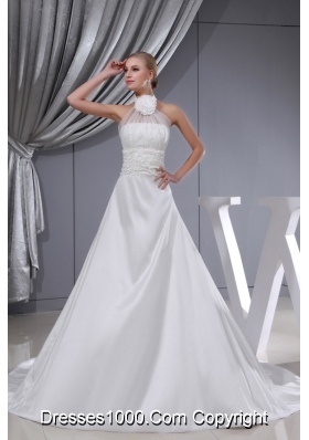 Beading Hand Made Flower Halter Chapel Train Wedding Dress