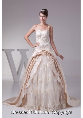 Champagne One Shoulder Hand Made Flowers Embroidery Wedding Dress