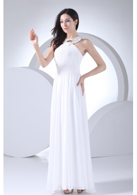 Column High-neck Ruching Beading Wedding Dress