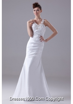 Column Straps Hand Made Flower Ruching Wedding Dress