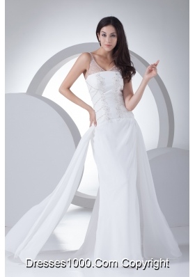 Column V-neck Appliques Chiffon Wedding Dress