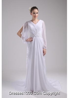 Column V-neck Ruching Long Sleeves Wedding Dress
